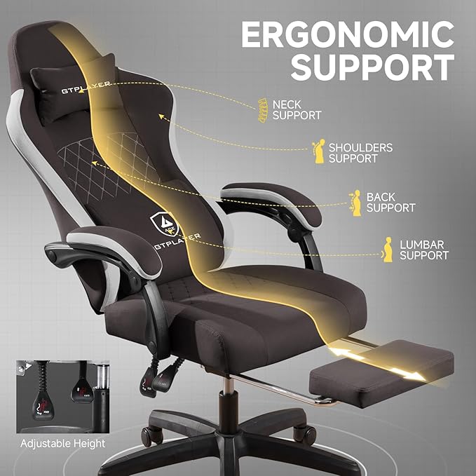 GTPLAYER Office Chair, Gaming Computer Desk Fabric Chair with Footrest, High Back Ergonomic Office Chair with Pocket Spring Lumbar Support and Linkage Armrests Adjustable Height Swivel for Home Task