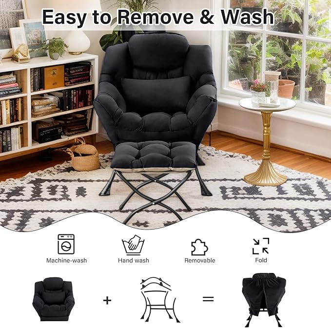 Lazy Chair with Ottoman, Comfy Fabric Accent Lounge Arm Chair with Lumbar Pillow and Folding Footrest, Reading Leisure Sofa Chair for Bedroom, Living Room, Dorm,Black