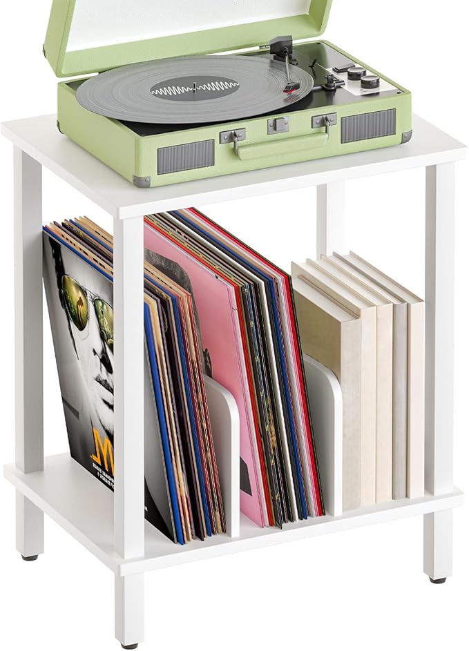 HOOBRO Record Player Stand, 2-Tier End Table, Vinyl Record Turntable Stand with Storage up to 100 Albums, Small Side Table for Living Room, Bedroom, White, WT05RS01