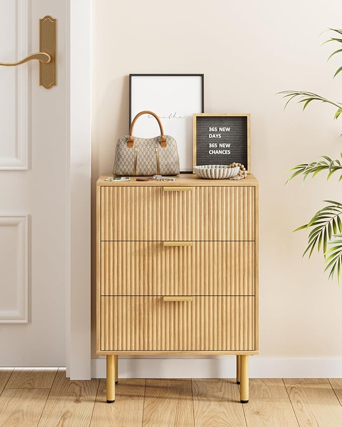 Night Stand,Tall Bedside Table with 3Storage Drawers,Oak Nightstand,Bedside Furniture,Side Table with Gold Frame,End Table for Bedroom,Living Room