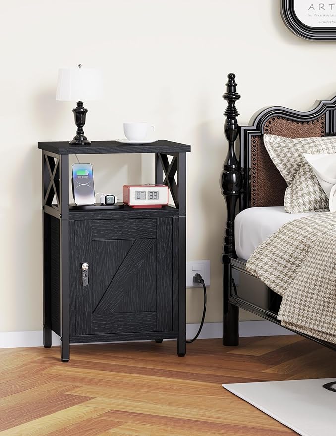 Wooden Nightstand with Charging Station, Bed Side Table with Drawers, Bedside Table with Lock, 3 USB & 2 Outlets, Night Stand with Storage, End Tables for Living Room, Bedroom, Dorm, Black