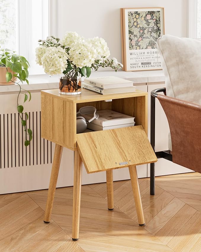 Night Stand, Oak Nightstand with Fluted Door, Small Modern Mid-Century Bedside Table for Bedroom, End Table for Living Room
