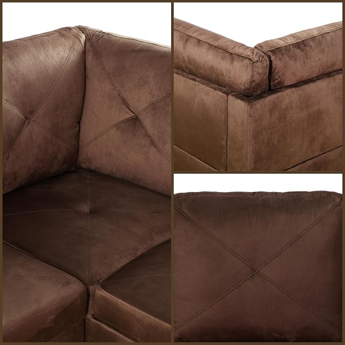 L Shaped Sectional Couches, Modern Modular Sectional Sofa Furniture for Living Room Bedroom, Comfy 4 Seat Couch with Ottoman Storage & Chaise, Brown