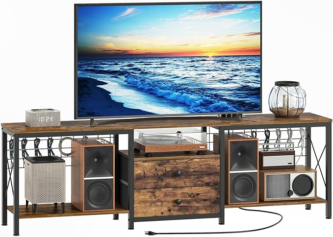TV Stand with Power Outlet Up to 75 Inch, Entertainment Center with 2 Fabric Drawers, TV Console Table with Open Storage Shelves for TVs, Cable Management, for Living Room, Bedroom, DS18UBRY1