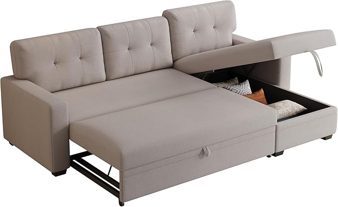 Ball & Cast Convertible Sectional Sleeper Sofa Bed L Shaped 4 in 1 Pull Out Couch with Reversible Storage Chaise & Removable Back Cushions,Sleeper Corner Pull Out Sofa Bed Couch for Living Room,Office