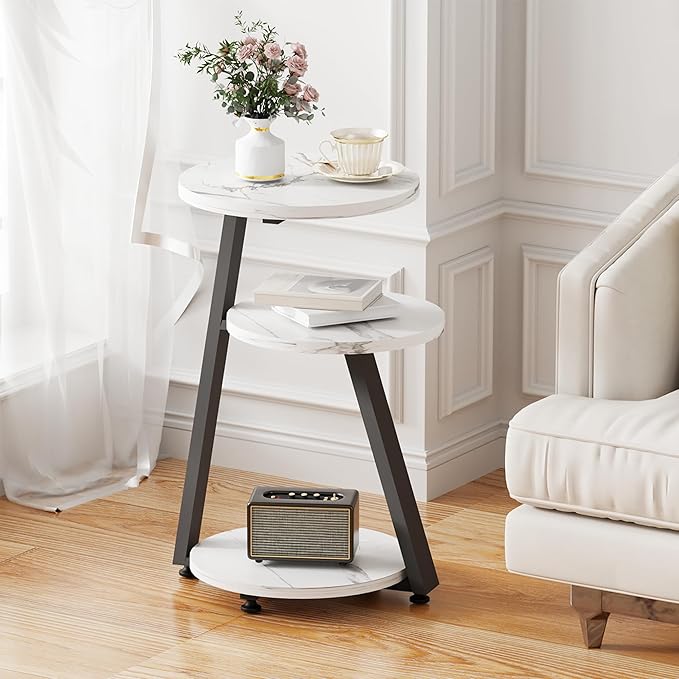 BEWISHOME Round End Table Marble Side Table with Metal Frame, Small Nightstand with 3-Tier Shelves, Night Stand for Living Room Bedroom Tall Black KTZ41H