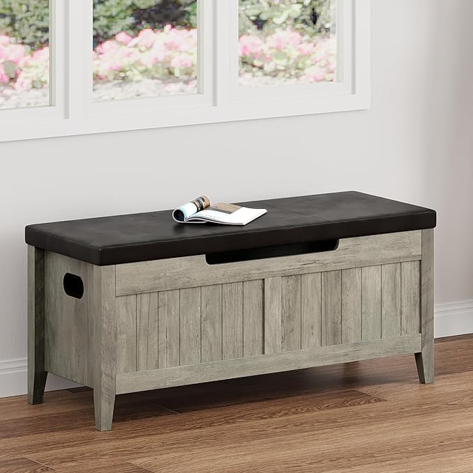 GAOMON Storage Bench with Padded Seat, 39.4” Wooden Chest Storage Box with 2 Safety Hinges, Entryway Benches with Flip-Top, Large Trunk for Living Room, Bedroom, Easy Assembly