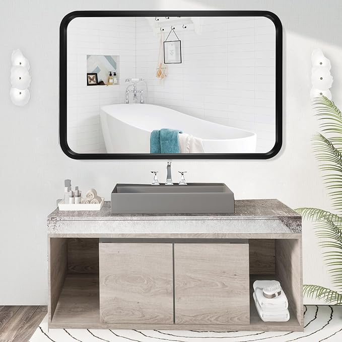 WallBeyond 24x36 Inch Wood Mirror for Bathroom, Wooden Frame Wall Mirror Farmhouse Wall Mounted Rectangle Mirror for Vanity (Horizontal/Vertical Black Color)