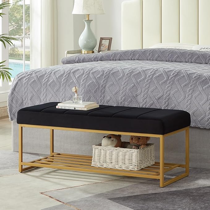 24KF Black Velvet Upholstered End of Bed Bench with Metal Shelf, Modern Tufted Channel Entryway Bench Footboard Bench for Living Room, Bedroom, Gold Bench,5036-Black