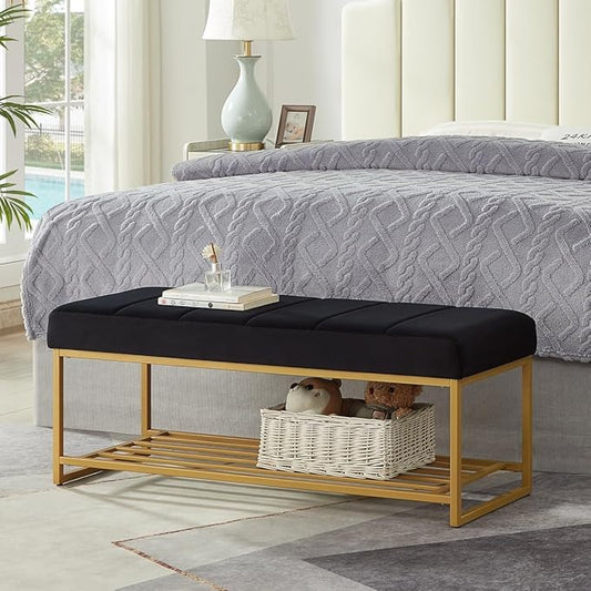 24KF Black Velvet Upholstered End of Bed Bench with Metal Shelf, Modern Tufted Channel Entryway Bench Footboard Bench for Living Room, Bedroom, Gold Bench,5036-Black