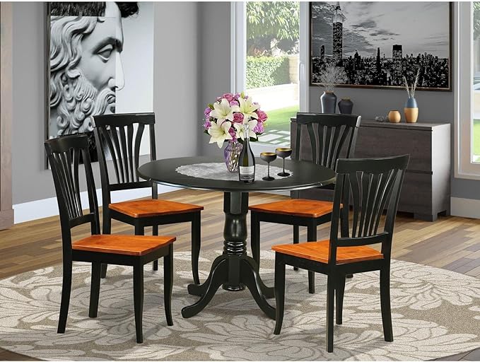East West Furniture DLAV5-BLK-W 5 Piece Dining Set Includes a Round Dining Room Table with Dropleaf and 4 Kitchen Chairs, 42x42 Inch, Black & Cherry