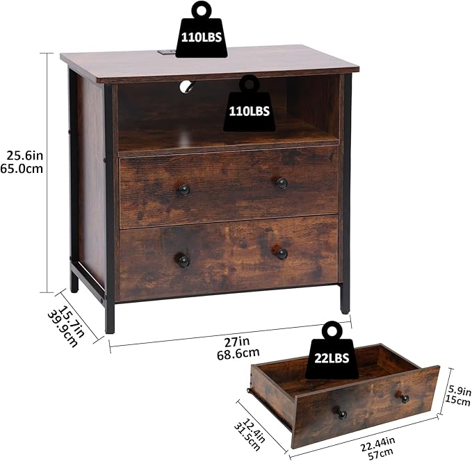 27 Inch Wide Night Stand, Large Wood Night Stand with 2 Drawers, LED Nightstand with Charging Station and Adjustable Drawer, Bedside Table for Living Room/Bedroom/Study/Office, Retro.