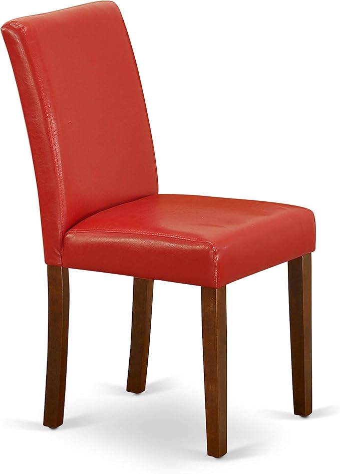 East West Furniture ANAB3-MAH-72 3 Piece Dinette Set for Small Spaces Contains a Round Kitchen Table with Pedestal and 2 Firebrick Red Faux Leather Parsons Chairs, 36x36 Inch, Mahogany