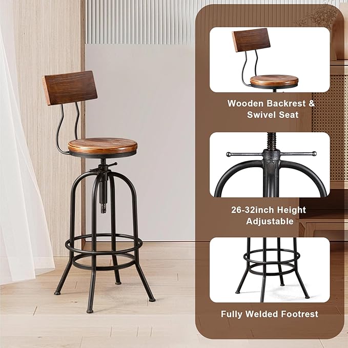 3-Piece Crank Handle Bar Table (33.5"-39.4") & 2 Backrests Stools (26"-32") Set for Pub Kitchen Dining Living Party Bistro Breakfast, Swivel Brown Top, Height Adjustable, Most Weld, Space-Saving