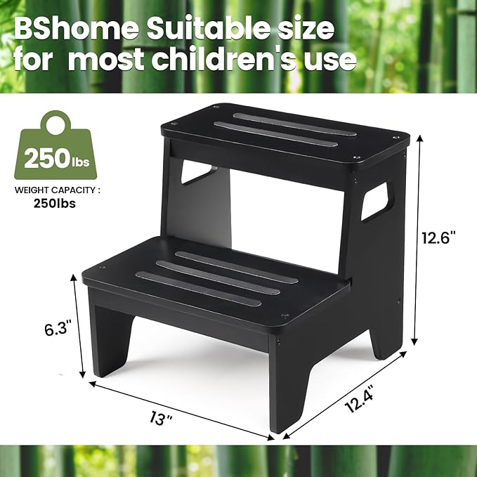 Wooden Step Stools for Kids, Heavy Duty Bamboo 2-Step Stepping Stools for Toddlers, DIY Non-Slip Pads & Handles, for High Bed, Bathroom, Toilet, Kitchen, RV, Black