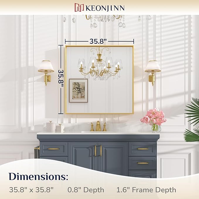 Keonjinn Brushed Gold Bathroom Mirror 36 x 36 Inch Gold Wall Square Mirror Metal Framed Rectangular Mirror for Bathroom Aluminum Alloy Frame Gold Vanity Mirror for Over Sink(Horizontal/Vertical)