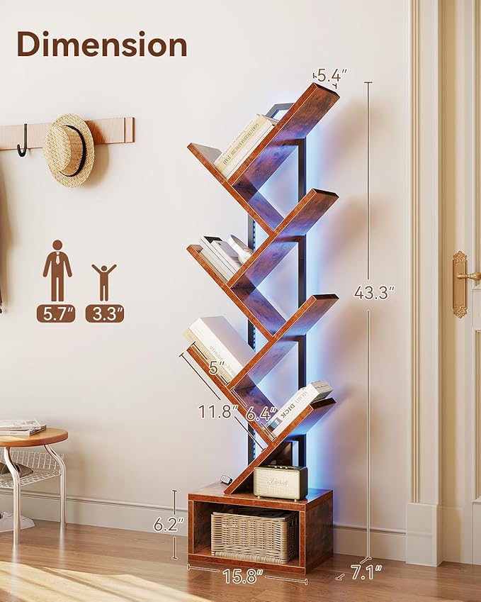Casaottima 6-Tier Tree Bookshelf — Narrow Floor Standing Bookcase, Tall Steel & Wood Book Organizer Shelf with Cabinet, Home Decor for Living Room/Bedroom/Home Office, Vintage