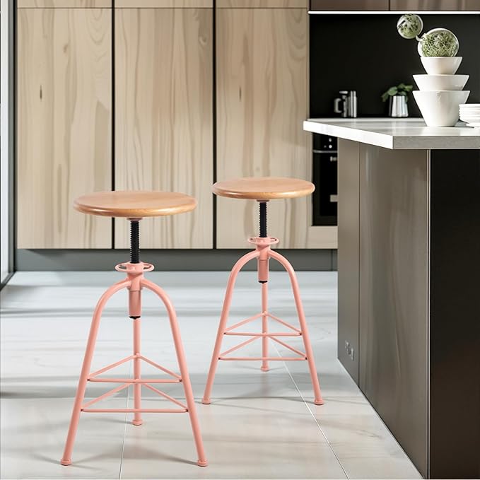 Set of 2 Modern Bar Stools-24.4-28.3 Counter Height Adjustable Patio Stool-Industrial Dining Stool for Home Kitchen-Retro Cafe Chairs with Swivel Wooden Seat