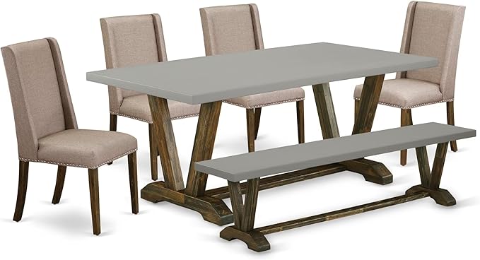 East West Furniture V797FL716-6 6 Piece Dining Table Set Contains a Rectangle Dining Room Table with V-Legs and 4 Dark Khaki Linen Fabric Parson Chairs with a Bench, 40x72 Inch, Multi-Color