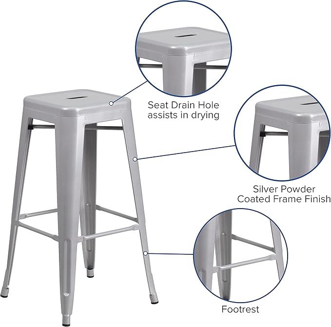 Flash Furniture Lily 4 Pack Commercial Grade 30" High Backless Silver Metal Indoor-Outdoor Barstool with Square Seat