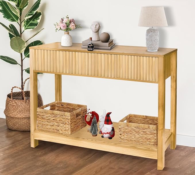 Long Console Table with Storage, Fluted Entryway Slim Sofa Tables Behind Couch Entryway Table, Modern Narrow Wood Hallway Foyer Entrance Couch Tables for Living Room