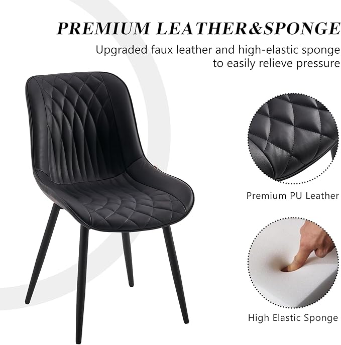 YOUNIKE Black Dining Chairs Set of 2 with High Backs Mid Century Modern Kitchen & Dining Room Chairs PU Faux Leather Upholstered Wide Seat Accent Chair Comfortable Large Padded Side Chair Metal Legs