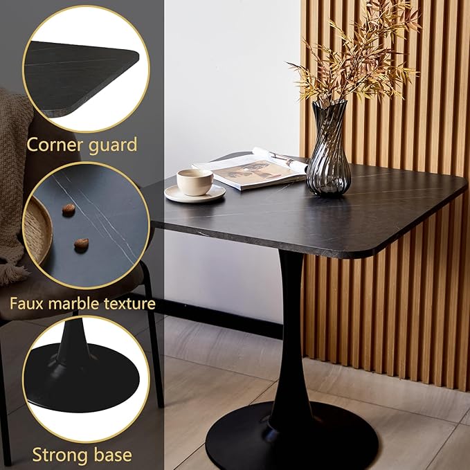 Square Modern Dinning Table 30 inches for 2-4 Bistro Tulip Table with Faux Marble top,Easy Assemble,Sturdy Metal Frame Diameter 30in*H28.74in (Black, 30in)