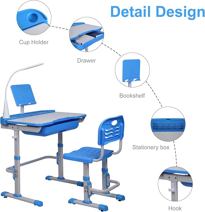Kids Desk and Chair Set, Height Adjustable Child's School Study Writing Tables with Tilt Desktop, LED Light, Storage Drawer, Book Stand (Blue)