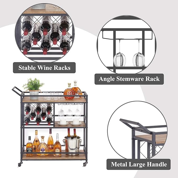FATORRI Bar Cart for The Home, Rolling Wine Carts on Wheels with 3 Tier Wood Shelves, Liquor Beverage Cart with Wine Rack and Glass Holder (Rustic Oak)