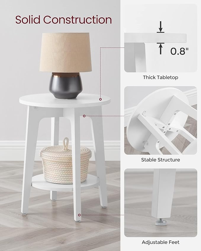 VASAGLE Side Table, Small Round End Table with Lower Shelf, Nightstand for Small Spaces, Living Room, Bedroom, White ULET283T14