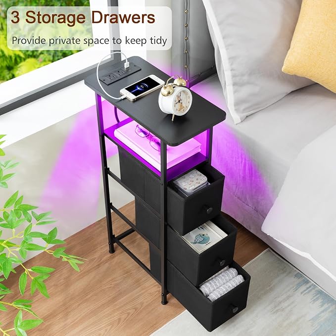 Narrow End Table Living Room with Charging Station, Skinny Side Table with Fabric Drawers, Slim LED Nightstand for Bedroom, Small Spaces, Couch, Black, HETNDP03LBK-1