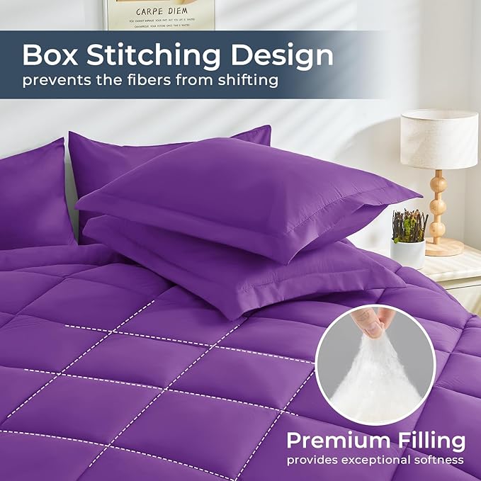 HEVUMYI Purple Cali-King Comforter Set - 7-Piece All Season Bed in a Bag Cali-King, Ultra Soft Bedding Set with Comforter, Flat Sheet, Fitted Sheet, Pillowcases, Pillow Shams