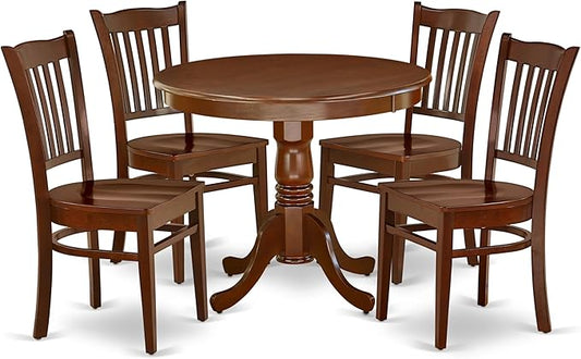 East West Furniture ANGR5-MAH-W 5 Piece Dining Room Table Set Includes a Round Kitchen Table with Pedestal and 4 Dining Chairs, 36x36 Inch, Mahogany