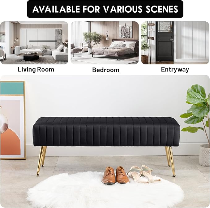 Furniliving 44 Inch Bedroom Bench, Upholstered Tufted Striped Fabric Ottoman Benches with X-Shaped Metal Legs for Living Room, Entryway Solid Wood Indoor Bench for Foyer (Black)