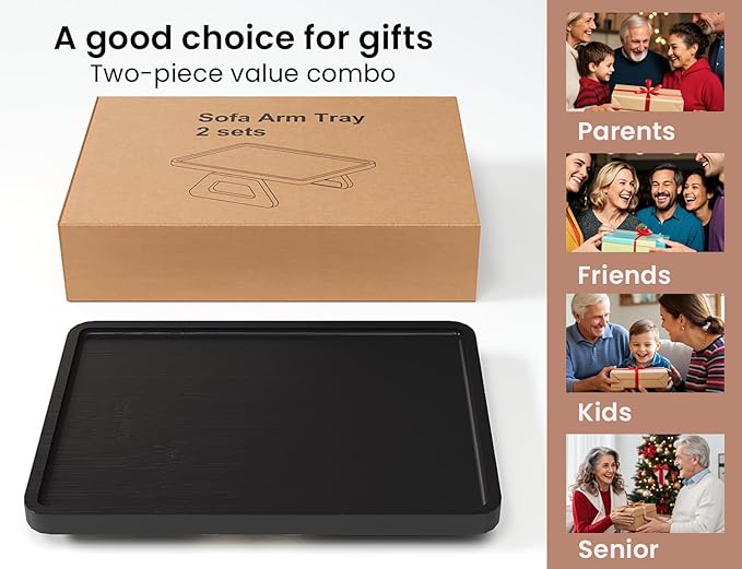 2 Pack Couch Arm Tray,Bamboo Folding Sofa Tray,Sofa Armrest Trays Clip-On Couch Desk for Drinks,Snacks,Phone,Remote Control（Black）