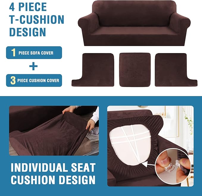 H.VERSAILTEX Sofa Cover 4 Piece T Cushion Sofa Slipcovers Thick Velvet Couch Cover Furniture Protector Stretch T Cushion Sofa Covers for 3 Cushion Couch with 3 Individual T Cushion Covers, Brown