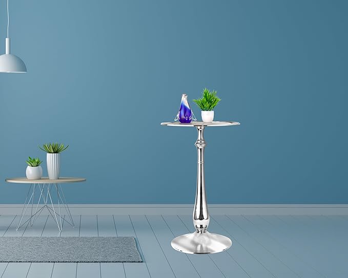 CLEENTABLE Farmhouse Pedestal Round End Table - End Table for Indoor Use - Modern Lightweight Metal Accent Side Table for Small Spaces, Nightstand, Bedroom, Living Room, Office, Balcony 21"(Silver)