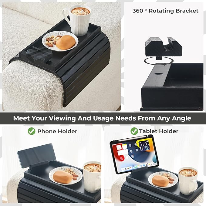 Bamboo Sofa Arm Tray, Anti Falling Couch Arm Tray Armrest Table with 360° Rotating Phone Holder, Foldable and Portable Sofa Armrest Trays Cup Holder for Drink,Cups, Phone, Snacks, Remote