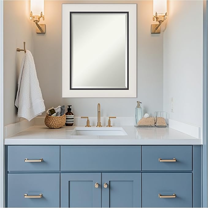 Amanti Art Silver Bathroom Mirror for Over Sink, 30x24 Ellie Silver Black Rectangle Vanity Mirror, Medium Modern Contemporary Frame, Hangs Horizonally and Vertically, Bathroom Wall Decor, Beveled Edge