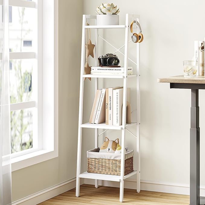 Ladder Shelf, Bookshelf Bookcase, Freestanding Corner Storage Shelve with 2 Hooks for Home Office, Living Room, Kitchen, Bedroom, Industrial, 4-Tier White BC13213W