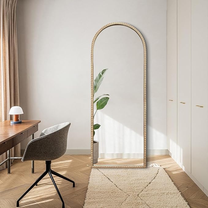 Large Arched Mirror, 20"x53" Gold Arch Floor Mirrors for Dressing, Metal Beaded Frame Decorative Accent Mirror, Ornate Vintage Mirrors for Living Room Bedroom Bathroom Entryway