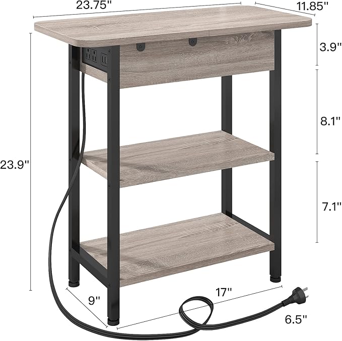 LIDYUK End Table with Charging Station, Set of 2 Flip Top Narrow Side Table for Small Spaces, Nightstands Set of 2 for Bedroom, End Tables Living Room with Storage Shelves, Greige