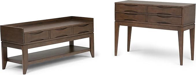 SIMPLIHOME Harper Console Table - 40 Inch Wide Solid Hardwood Sofa Table in Walnut Brown, Mid-Century Modern Storage Table for Entryway or Living Room with 4 Drawers, Notched Handles, and Tapered Legs