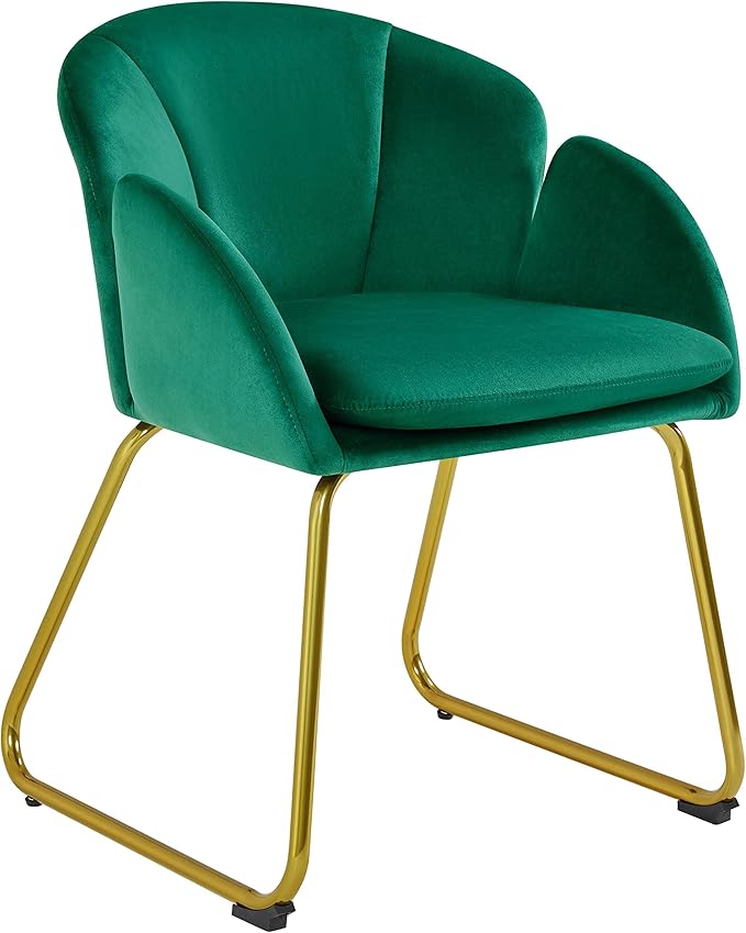 Yaheetech Flower Velvet Vanity Chair, Modern Side Chair Armchair with Golden Metal Legs for Living Room/Dressing Room/Bedroom/Home Office/Kitchen, Green
