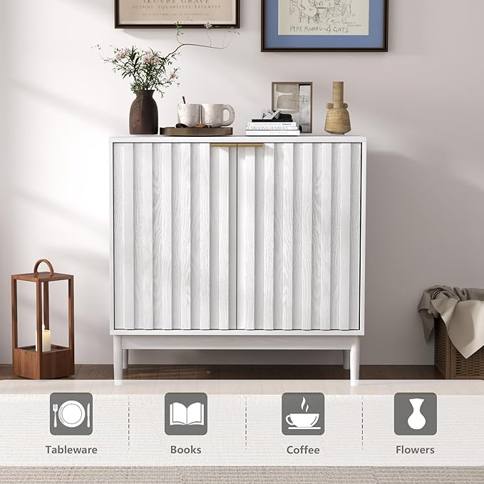 Fluted Cabinet with Storage, Buffet Cabinet Sideborad with Door, Kitchen Buffet Storage Accent Cabinets with Adjustable Shelves for Living Room, Entry, Hallway, White
