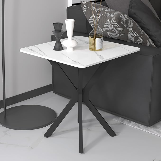Square Side Table Set of 2, Modern Stylish End Table with Faux Marble Top and Black Metal Legs,Durable Sofa Side Table for Living Room Bedroom