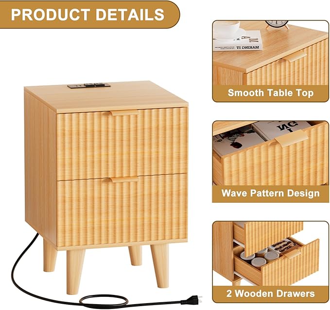 Urban Deco Fluted Nightstand with Charging Station, Mid Century Modern Nightstand, Wooden Side Table with 2 Fluted Drawers, End Table with Solid Wood Legs for Bedroom, 15.4 x 15.4 x 22.8 in (Natural)