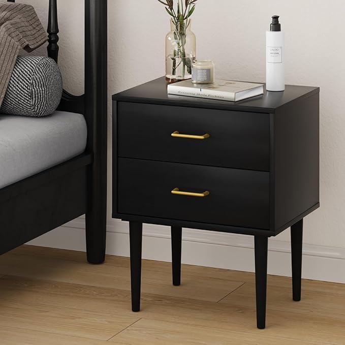 Black Nightstand with 2 Drawers,Tall Modern Night Stand Black, Wooden Night Stands for Bedroom, Bed Side Table, End Table, Gold Handle