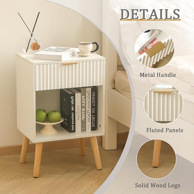 White Nightstand, Modern Bedside Table with Drawer and Opening Storage, Fluted End Side Table Living Room with Solid Wood Legs for Bedroom (White)
