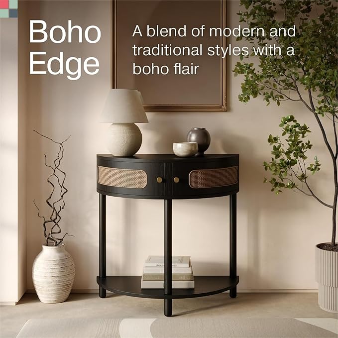 Entryway Table Rattan Half-Moon Console - Semicircular Black Oak & Natural Cane with Brass Knobs - Console Table with Storage & Narrow Curved Design for Entryway & Living Room Decor